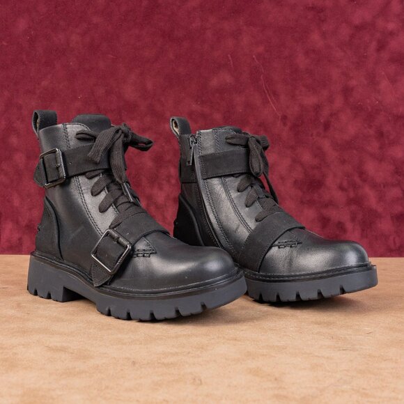 UGG Ashton Lace Up: Women UGG Women Noe Moto Buckles Black Leather Strap Lace-up Combat Boots sz 6